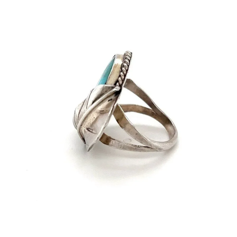 Ladies Antique Silver Turquoise Leaf Ring‎